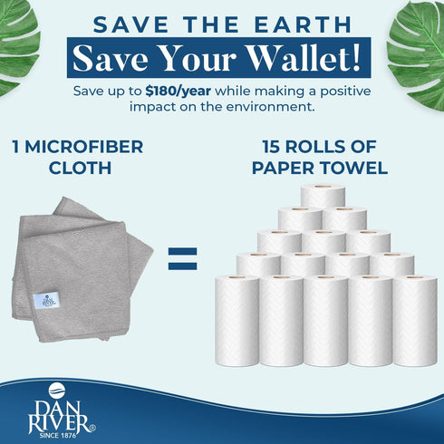 DAN RIVER Microfiber Cleaning Cloth - 12 Pack Economy Bundle, Soft & Absorbent Towels for Cars, Glasses, House, Kitchen
