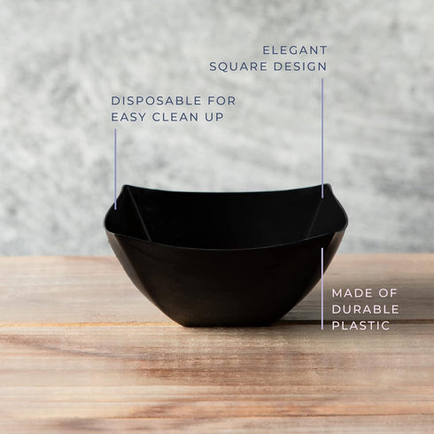 PLASTICPRO Disposable Square Serving Bowls, 8 OUNCE, Black Pack of 4, Party Snack or Salad Bowl