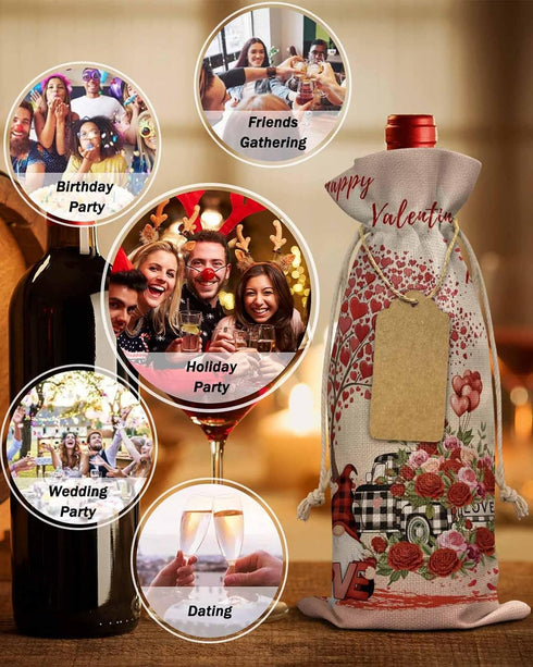 MISHKIN 10pcs Linen Burlap Wine Bags with Drawstring Red Roses Valentine's Day Wine Gift Bag with Tags Reusable Wines