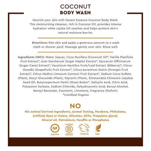 Desert Essence Coconut Body Wash - Deep Hydration with Organic Coconut, Jojoba Oil & Shea Butter - Vegan, 8oz (Pack of