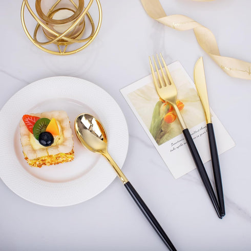 I00000 60 Pcs Gold Silverware Set, Heavy Duty Black and Gold Plastic Cutlery, Includes 20 Forks, 20 Knives, 20 Spoons