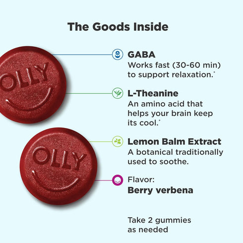 OLLY Goodbye Stress Gummy, Stress Relief Supplement with GABA and L-Theanine, Berry Flavor - 120 Count