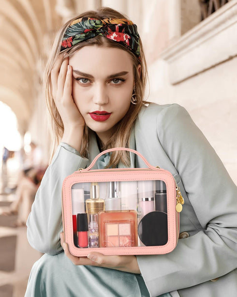 Portable Clear Makeup Bag, Medium Pink Leather Toiletry Bag with Zipper, Waterproof Transparent Cosmetic Organizer for