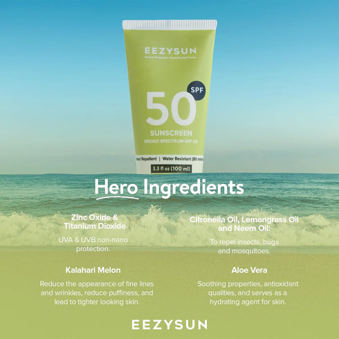 SPF50 3.3 oz EEZYSUN Sunscreen with Insect Repellent - Water-Resistant Sunscreen Bug Repellent Combo with Citronella