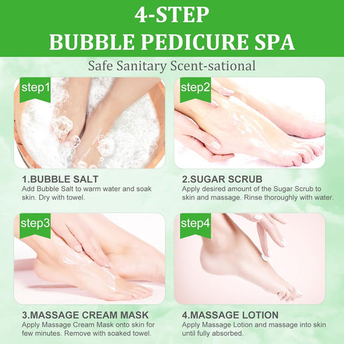 Pedicure Kit Foot Soak Set: Bubble Salt, Sugar Scrub, Massage Mask, Lotion in a Box, 4 Step Foot Spa Kit (Lemon)