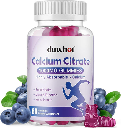 Calcium Citrate Gummies, Chewable 1000mg for Bone, Muscle & Immune Support - 60 Chews in Blueberry Flavor