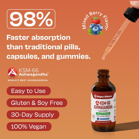 KSM-66 60ml) Ashwagandha Liquid Drops Vegan, GMO Free & Fast Absorbing Form Ashwagandha Supplements for Daily Wellness