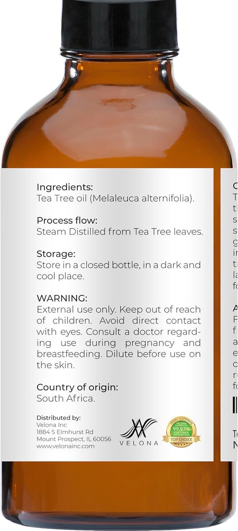 Velona Tea Tree Essential Oil 4 oz - 100% Pure Natural Therapeutic Grade for Aromatherapy, Massage, Skincare