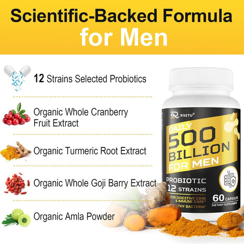 Probiotics for Men, 500 Billion CFU 12 Strains with Turmeric, Cranberry & Goji for Men’s Digestive Health, Bloating,