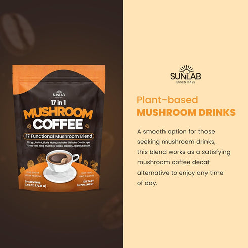 SunLab Essentials 17 Immunity, 30 Organic Mushroom Coffee Functional Mushroom Blend (Lion's Mane, Reishi, Chaga