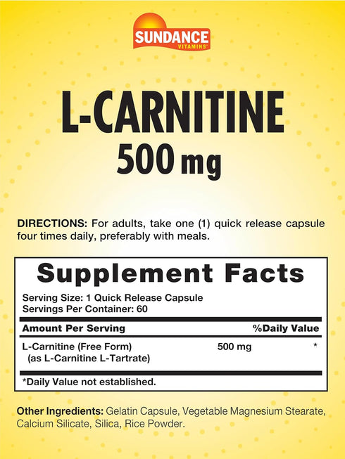 L-Carnitine 500mg | 60 Capsules | Free Form Amino Acid | Non-GMO and Gluten Free Supplement | by Sundance