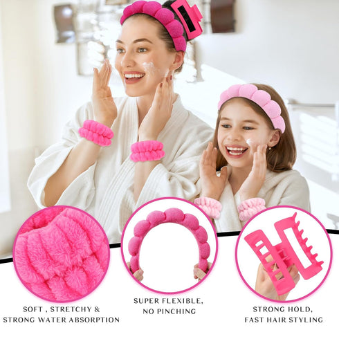 Wecoe Spa Headband and Wristband Set, Pink Rose Red, Cute Puffy Sponge Bubble Makeup Headband, Hair Claw Clips, Wrist