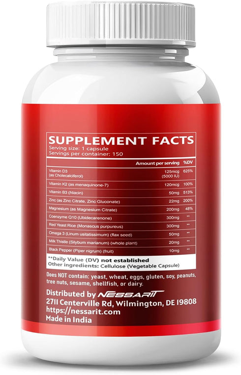 NESSARIT COQ10 10-in-1 3 B3, K2, D3, 150 Count + Red Yeast Rice Supplement - Natural Blend with Omega Vitamin Zinc Milk