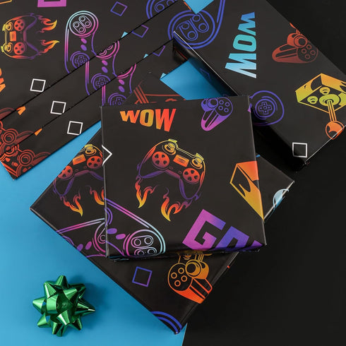 U'COVER Gaming Wrapping Paper, Birthday Gift Wrap for Boys Kids Girls Men, 3 Large Sheets Video Game Wrap Paper