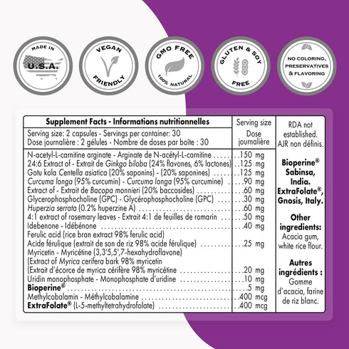 Supersmart Neurex Brain Supplement Formula - Improve Memory & Cognitive Processing, Non-GMO & Gluten Free - 60 Caps