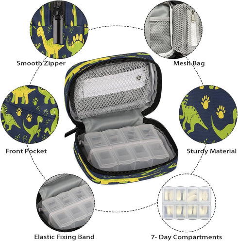 Skerhhux 7 Animal Dinosaur Green Pill Case Travel Pill Organizer Weekly Day Portable with Zipper Medicine Box Pill Case