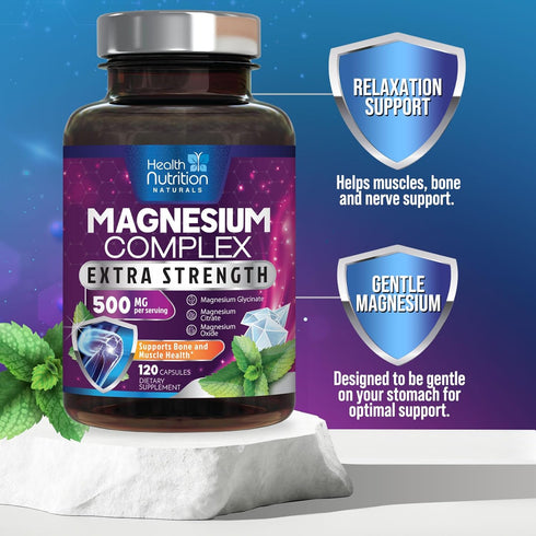 Magnesium Complex Supplement 500mg with Glycinate, Oxide, Malate, Citrate - High Absorption Capsules for Muscle, Heart,