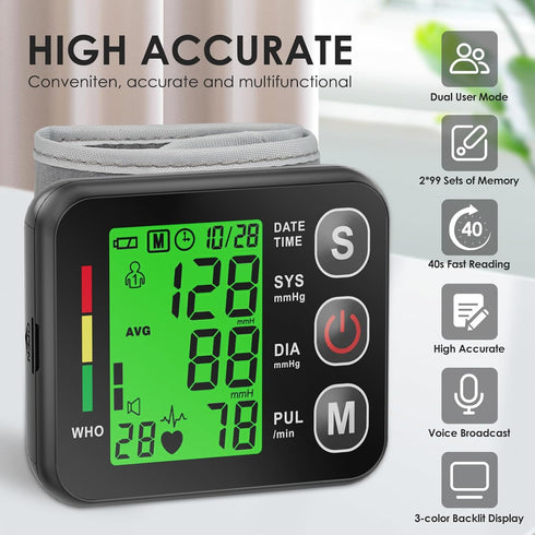 Wrist Blood Pressure Monitor - Automatic Cuff 13.5-19.5 cm, High Accuracy, Backlit LCD Screen, 2 * 99 Memory Sets