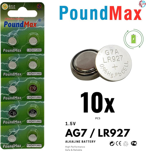 PoundMax AG7 LR927 1.5v 10 Count Batteries Alkaline Button Cell Battery