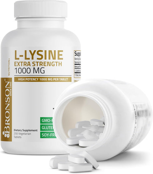 Bronson L-Lysine Extra Strength 1000 MG per Tablet, High Potency Immune Support, 250 Vegetarian Tablets