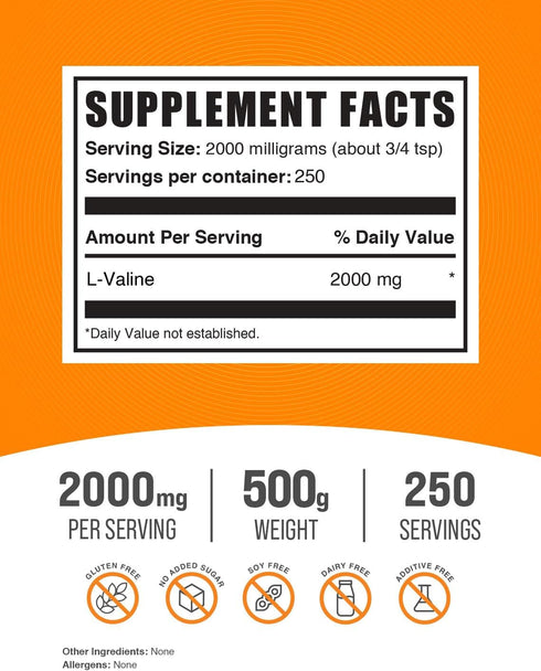 BulkSupplements.com L-Valine Powder - Valine Supplement, 2000mg per Serving, Gluten Free, 500g (1.1 lbs) - Valine Amino