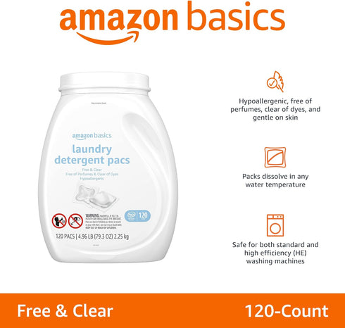 Amazon Basics Laundry Detergent Pacs, Hypoallergenic, Free & Clear, 120 Count