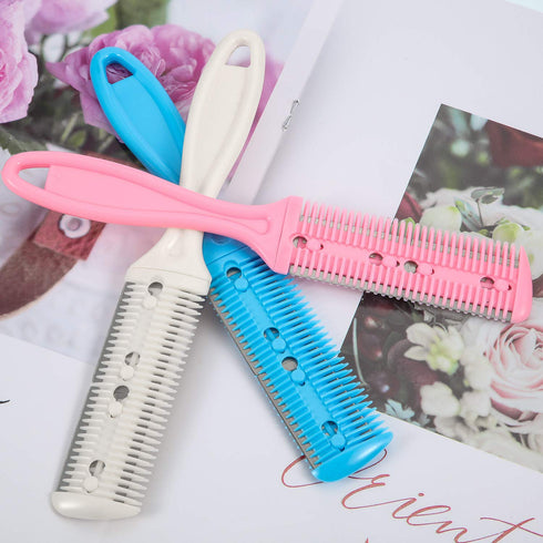 Maitys 3 Pieces Hair Cutting Comb Set with 10 Razors, Double Edge Razor and Thinning Comb in White, Pink, Blue