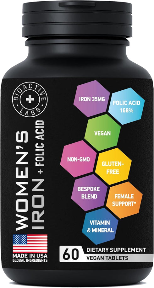 Vegan Iron Supplements for Women with Folic Acid - 120 Gentle Iron Tablets, 2-Pack for Anemia and Pregnancy