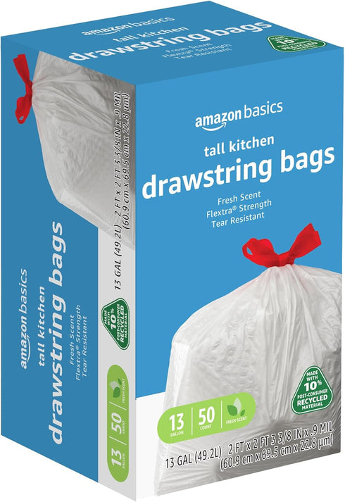 Amazon Basics Flextra Tall Kitchen Drawstring Trash Bags, 50 Count, 13 Gallon, Clean Fresh Scent, 10% Recycled Content