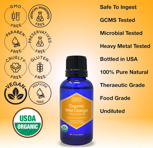 Zongle USDA Organic Orange Essential Oil, 1 OZ for Wood, Skin, Cleaning, Baking, Soap Making, Diffuser