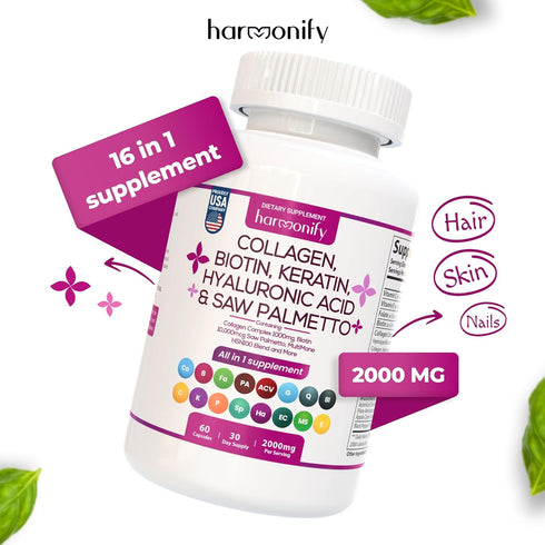 Collagen Biotin Keratin Saw Palmetto Hyaluronic Acid Complex Supplement with Vitamin E, Folic Acid, Pumpkin Seed, and
