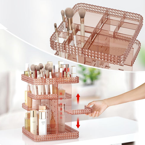 Vanity Organizer, 360 Rotating Acrylic Skin Care Organizer, Large Capacity for Countertop with Makeup Brush Holder -
