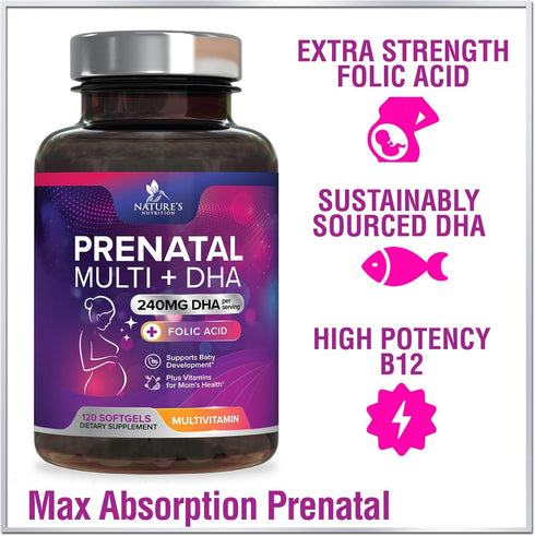 Women's Prenatal Multivitamin with Folic Acid + DHA, 120 Softgels - Prenatal Vitamin Supplement for Fetal Support