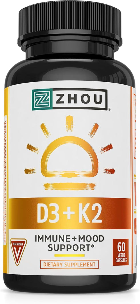 Zhou Nutrition Vitamin D3 K2, 5000 IU Vitamin D3 & 90 mcg Vitamin K2, Max Strength Immune Support, 60 Count