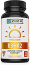 Zhou Nutrition Vitamin D3 K2, 5000 IU Vitamin D3 & 90 mcg Vitamin K2, Max Strength Immune Support, 60 Count