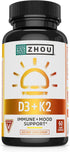 Zhou Nutrition Vitamin D3 K2, 5000 IU Vitamin D3 & 90 mcg Vitamin K2, Max Strength Immune Support, 60 Count