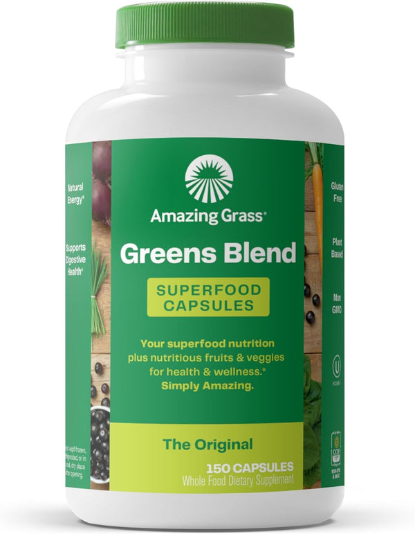 Amazing Grass Greens Blend Superfood Capsules, 150 Count: Organic Spirulina, Chlorella, Beet Root Powder, Probiotics &