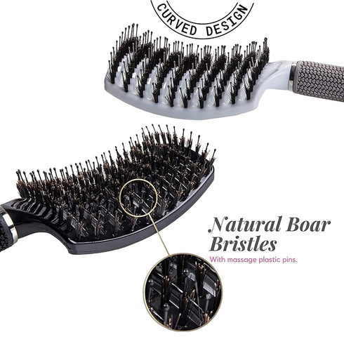 Vented Boar Bristle Styling Hairstreaq Detangling Brush, Single White Brush Anti-Static Detangler, Wet or Dry Use, Fast Blow Drying, Use on Long or Short Hair. (2 Pack, White & Black)