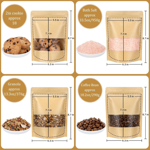 Blisstime 50 Pack Kraft Paper Stand Up Pouches with Matte Window, Resealable Bags for Small Business (6.3 x 8.7 Inches)