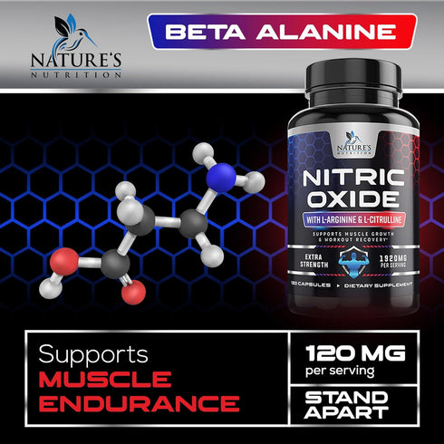 Extra Strength Nitric Oxide Supplement L Arginine 3X Strength - 120 Capsules, Citrulline Malate, AAKG, Beta Alanine