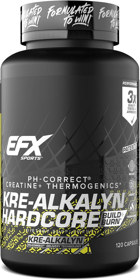 EFX Sports Kre-Alkalyn Hardcore Creatine Monohydrate Pill Supplement | 120 Capsules, 40 Servings, Energy & Strength Pre