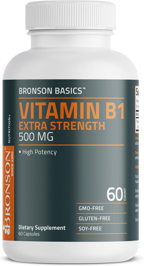 Bronson Vitamin B1 Extra Strength 500 MG, 60 Capsules | High Potency Non-GMO