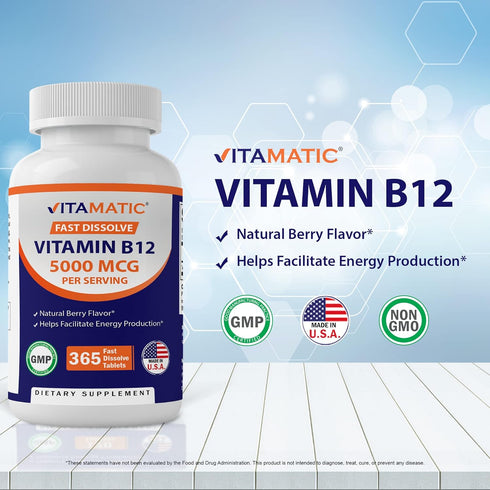 Vitamatic Vitamin B12 5000 mcg per Serving Fast Dissolve 365 Tablets, Berry Flavor, Supports Energy Metabolism