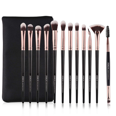 Z'OREYA 12 Pcs Professional Eye Makeup Brushes Set, Eyeshadow, Eyebrow, Blending, Fan, with Carrying Bag, Black