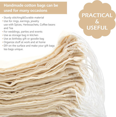 50 Pieces Cotton Drawstring Tea Filter Bags, Reusable Muslin Gift Bag for Wedding Party Home Supplies (3 by 4 Inches)