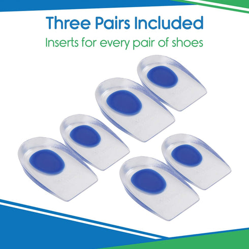 Heel Cups for Heel Pain Relief (3 Pairs) - Gel Cushion Inserts for Achilles Tendonitis, Plantar Fasciitis
