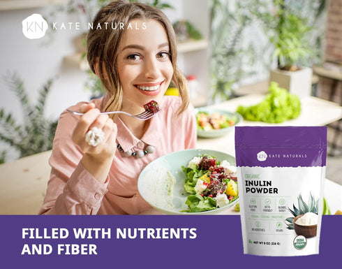 Kate Naturals Inulin Powder Organic for Prebiotic Fiber and Gut Health, 8oz, Organic, Blue Agave