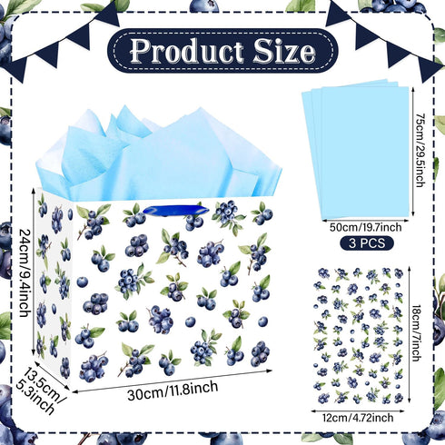 JORHANCE Blueberry Gift Bags with Wrapping Paper & Birthday Card - Large Bag for A Berry Sweet Baby Is On The Way