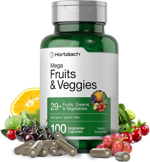 Horbaeach Mega Fruits and Veggies Supplement | 100 Capsules | Vegetarian, Non-GMO, Gluten Free