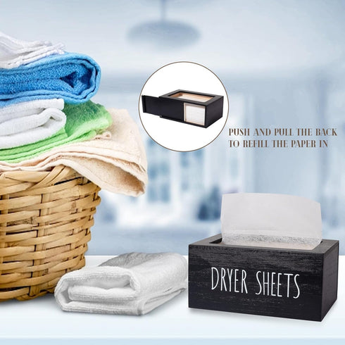 zoocatia Laundry Room Decor Dryer Sheet Container Wood Detergent Dispenser Organization and Storage Box Holder for Laundry Pods, Dryer Balls, Black